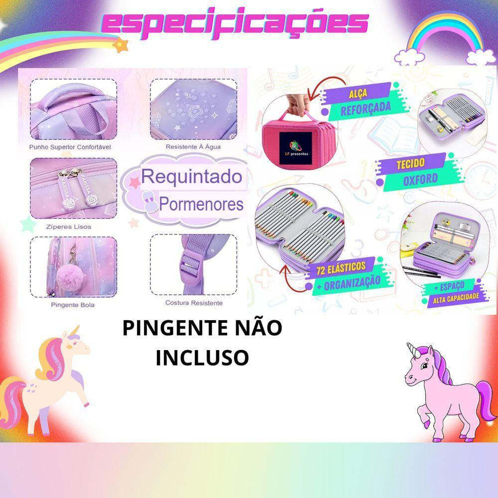 Kit Mochila Escolar Infantil Grande Capacidade Mais Estojo Escolar Grande Com 4 Compartimento lilas