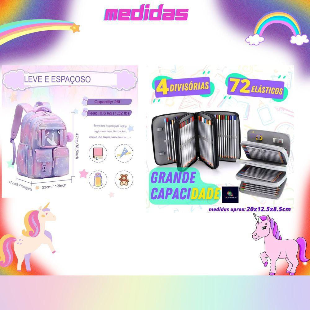 Kit Mochila Escolar Infantil Grande Capacidade Mais Estojo Escolar Grande Com 4 Compartimento lilas