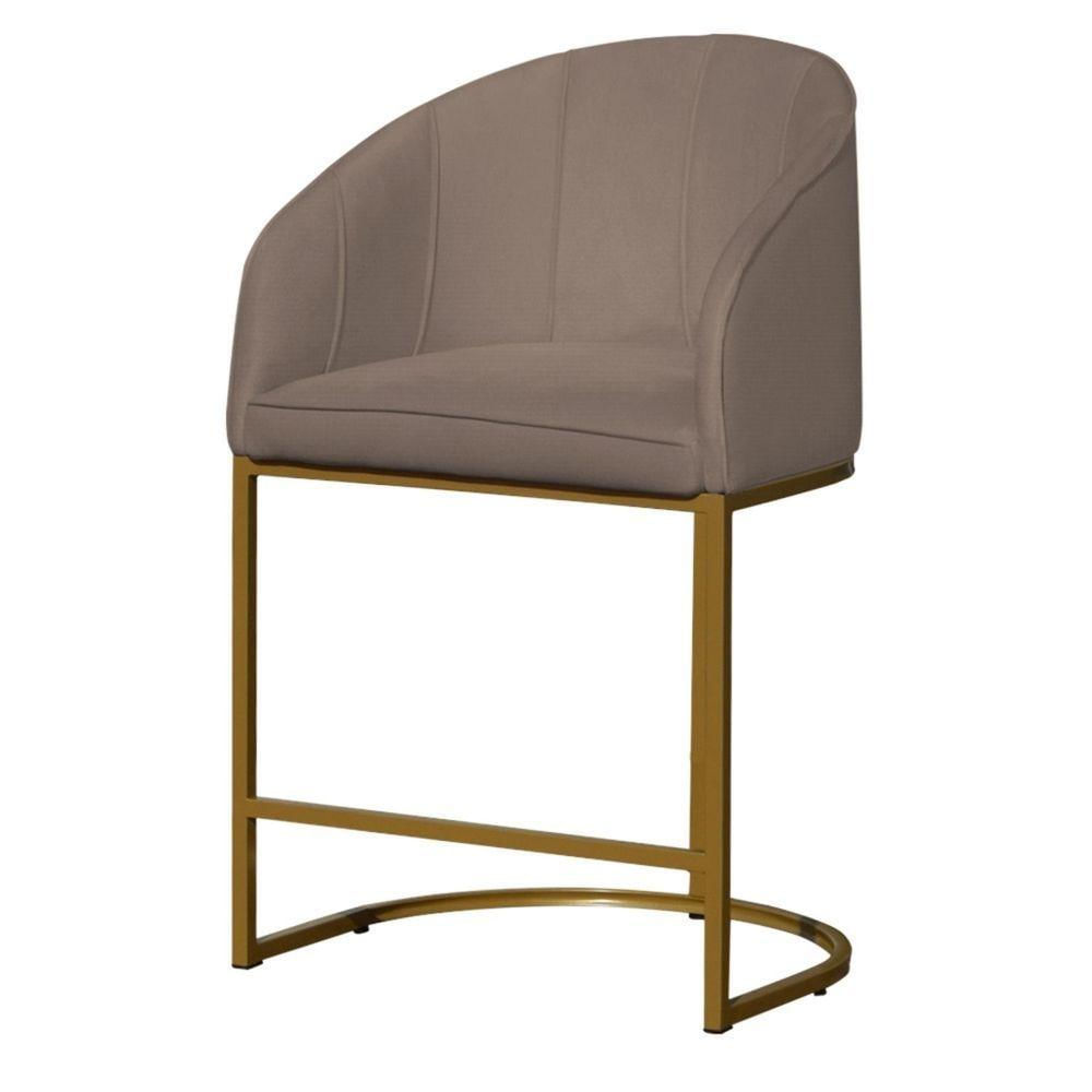Kit 02 Banco Banqueta Poltrona Mia Base Metal Dourada Suede capuccino