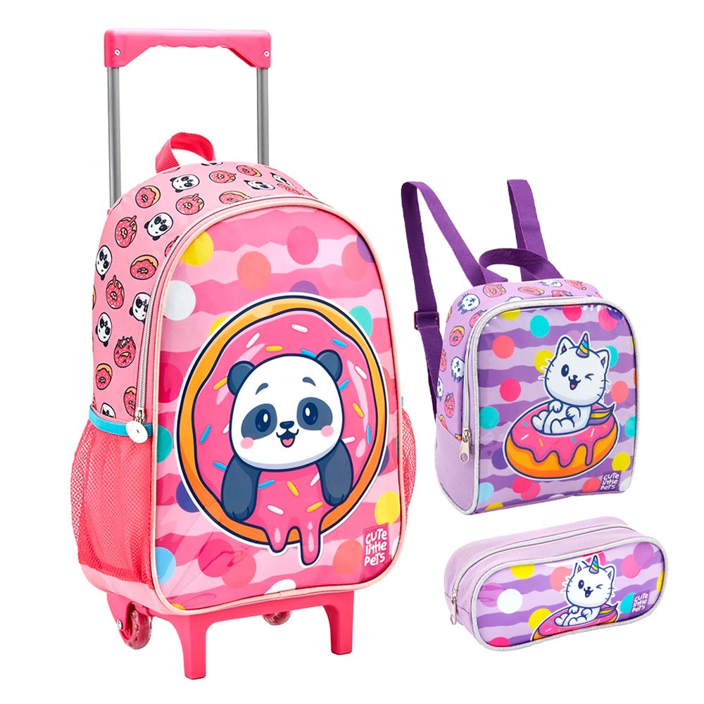 Kit Mochilete com Lancheira e Estojo Escolar Infantil Gato Panda Seanite - Item Sortido