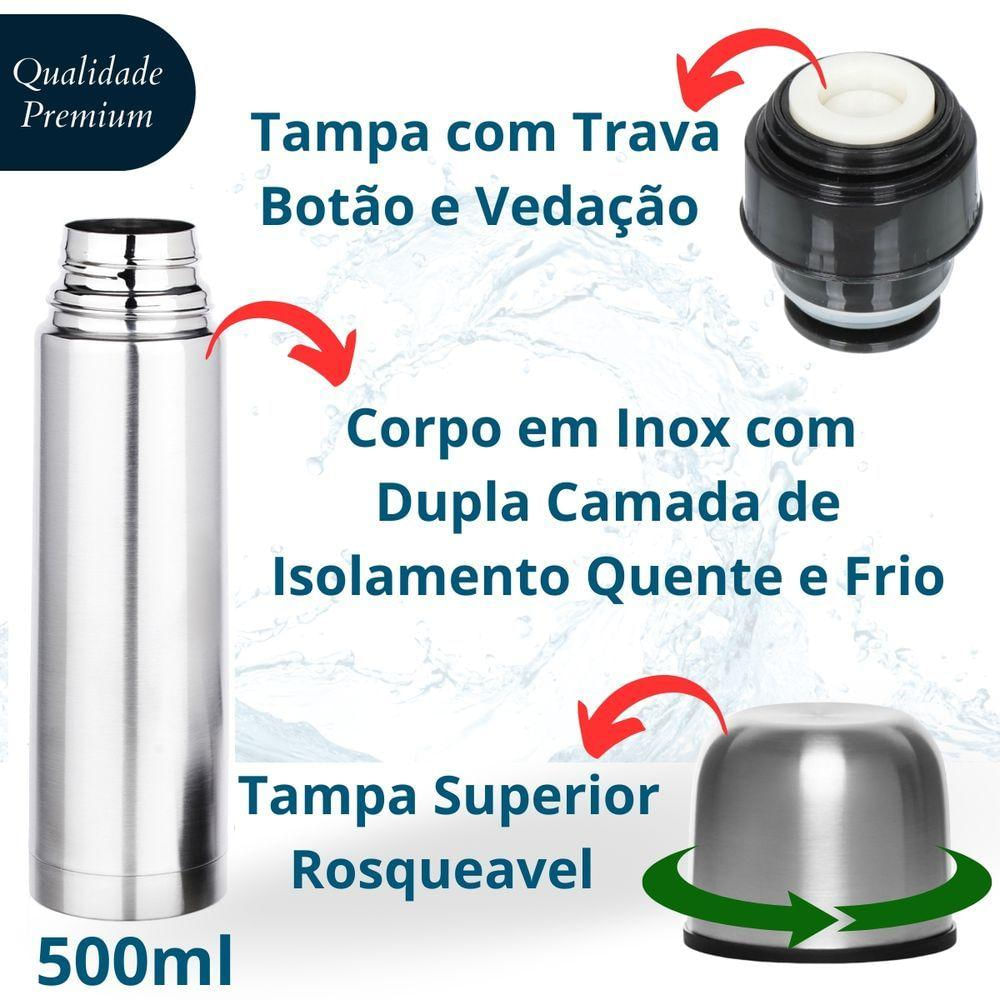 Garrafa Térmica Inox 500 Ml Com Tampa Mantém Bebidas Na Temperatura Certa