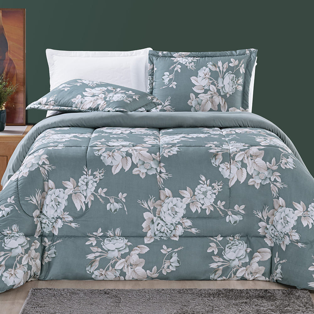 Edredom Júlia Casal King 03 Peças Tecido Dupla Face Microfibra 200 Fios Floral - Primavera