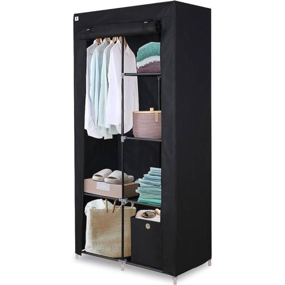 Guarda Roupa Duplo Portatil Cabideiro Arara Roupas 5 Prateleiras Armario Dobravel Organizador Preto