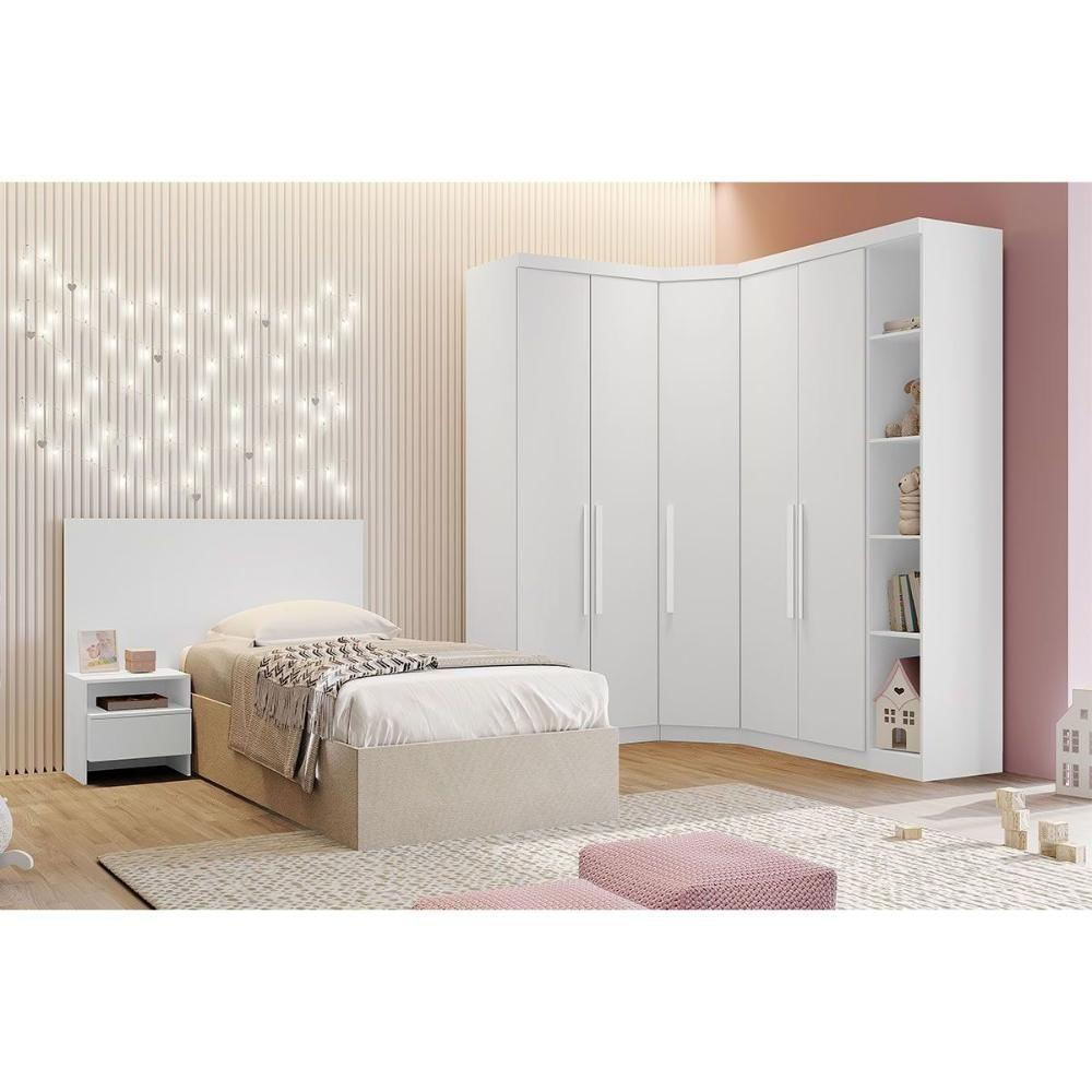 Quarto Modulado Solteiro (1 Closet + 2 Guarda Roupas + 1 Complemento + 1 Cabeceira) Qc210 Branco