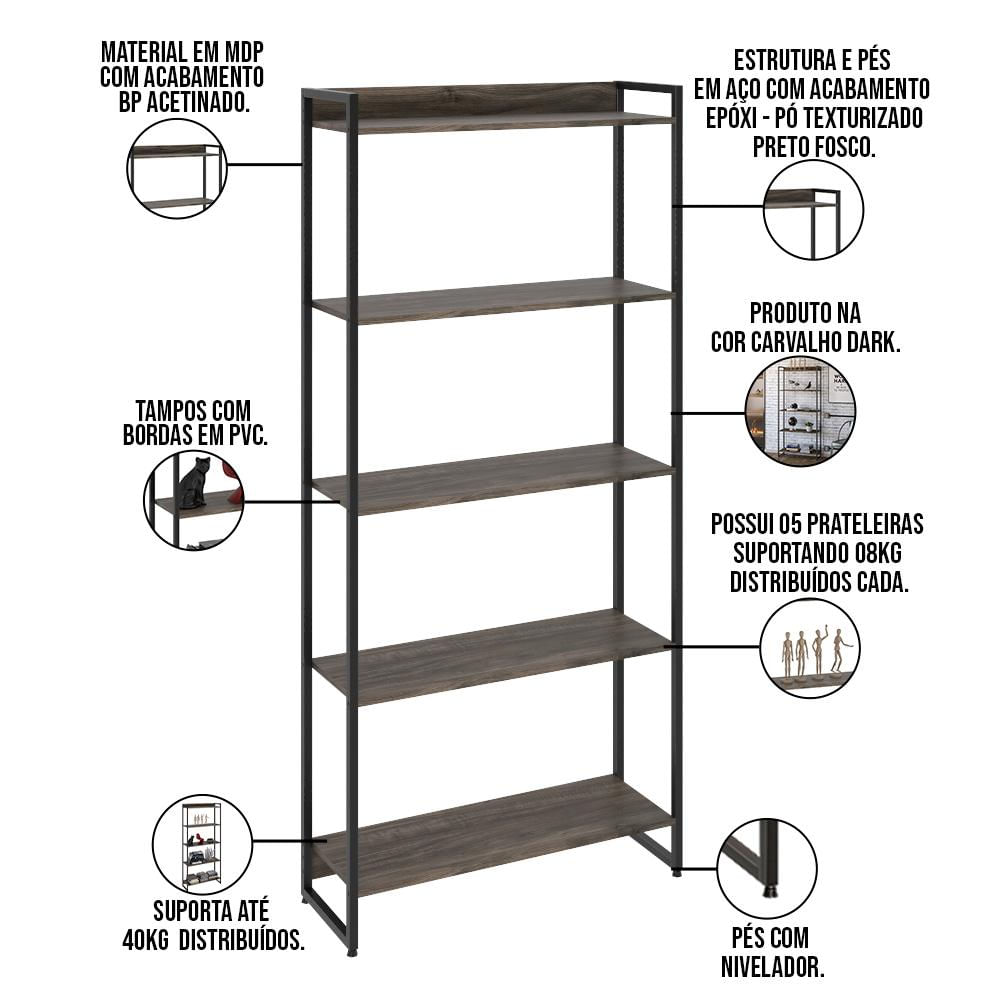 Kit 2 Estantes Multiuso Industrial 5 Prateleiras Areta 186x80cm C01 Carvalho Dark - Lyam Decor