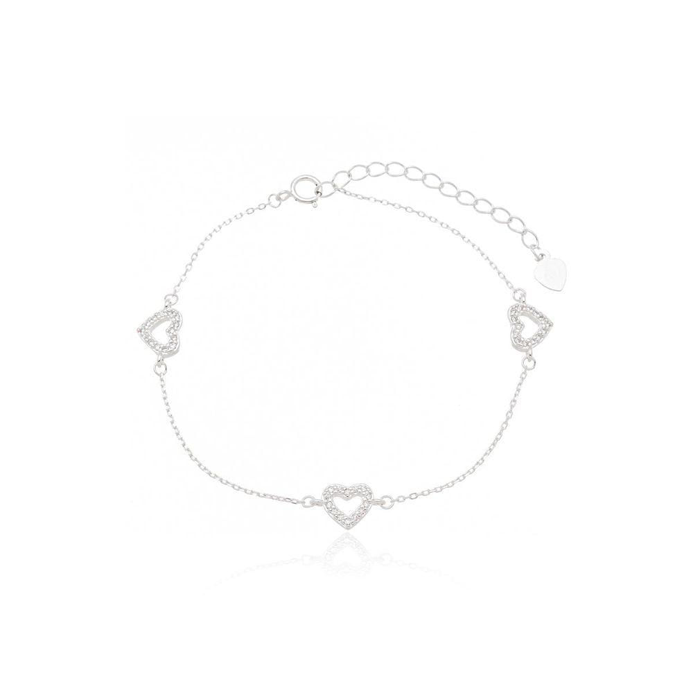 Pulseira Minimalista Três Corações Cravejados Prata 925