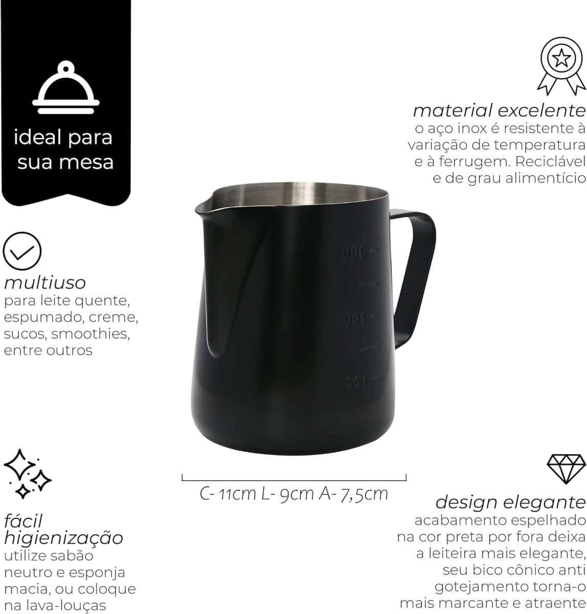 Leiteira Pitcher Espumador Em Aço Inox Black 350 Ml – Mimo Style