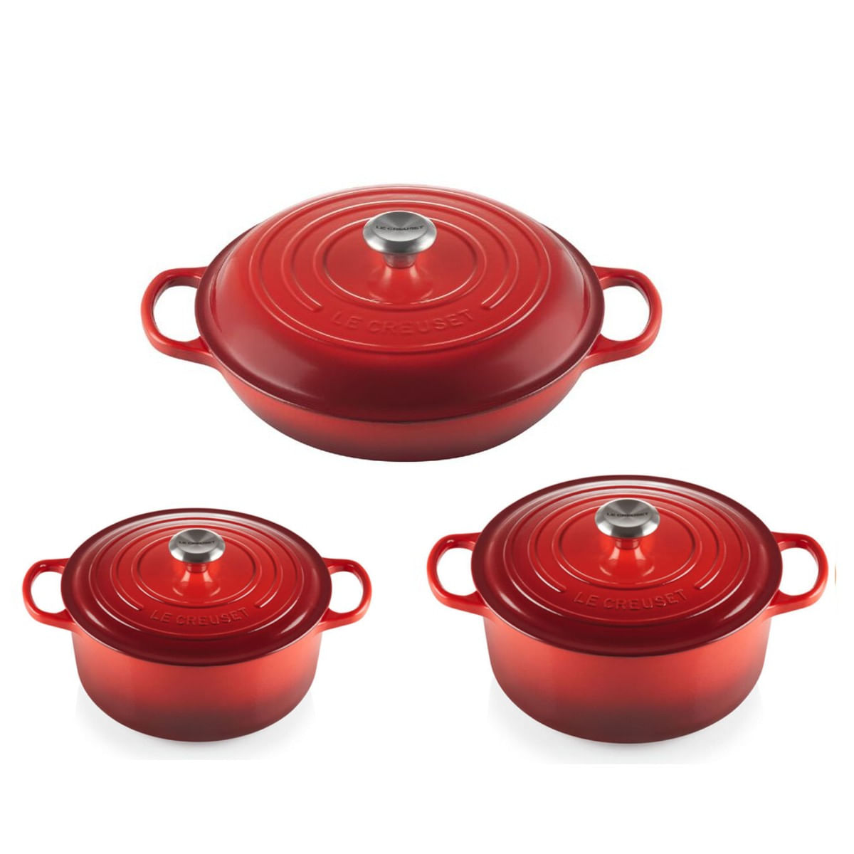 KIT JOGO DE 3 PANELAS LE CREUSET 1 CAÇAROLA BUFFET + 2 REDONDAS Vermelho