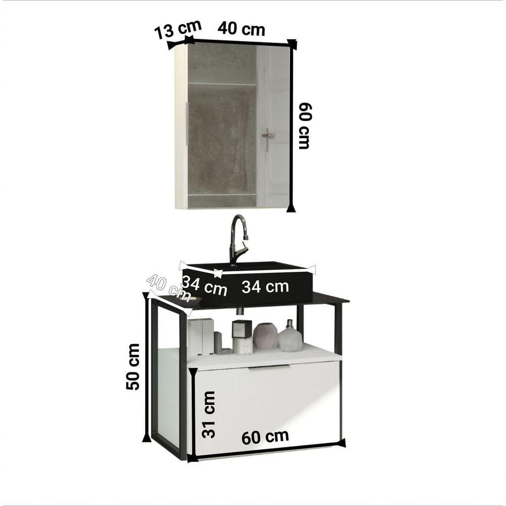 Conjunto Gabinete Urbe 60cm Branco Inteiro Tampo Preto Cuba Preto