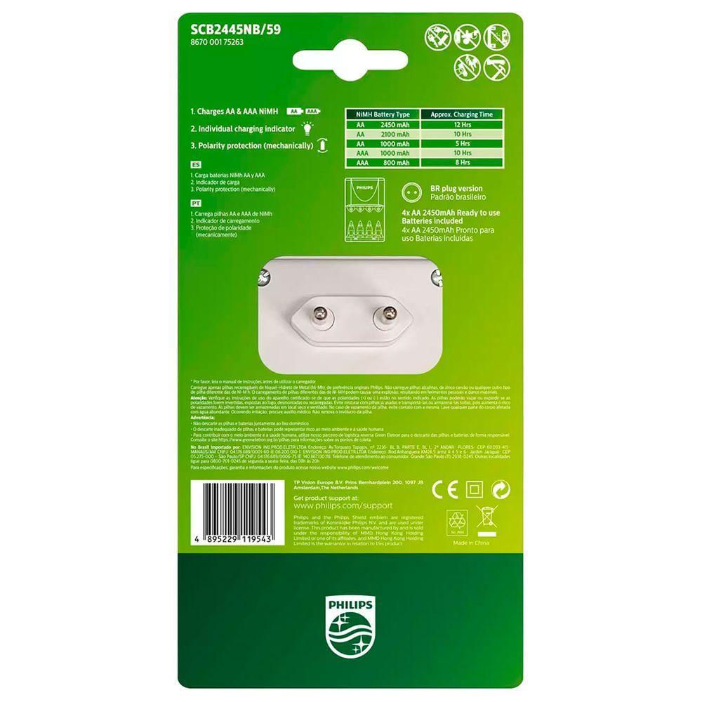 Carregador Scb Philips (01 Carregador E 02 Un Pilhas Aa)