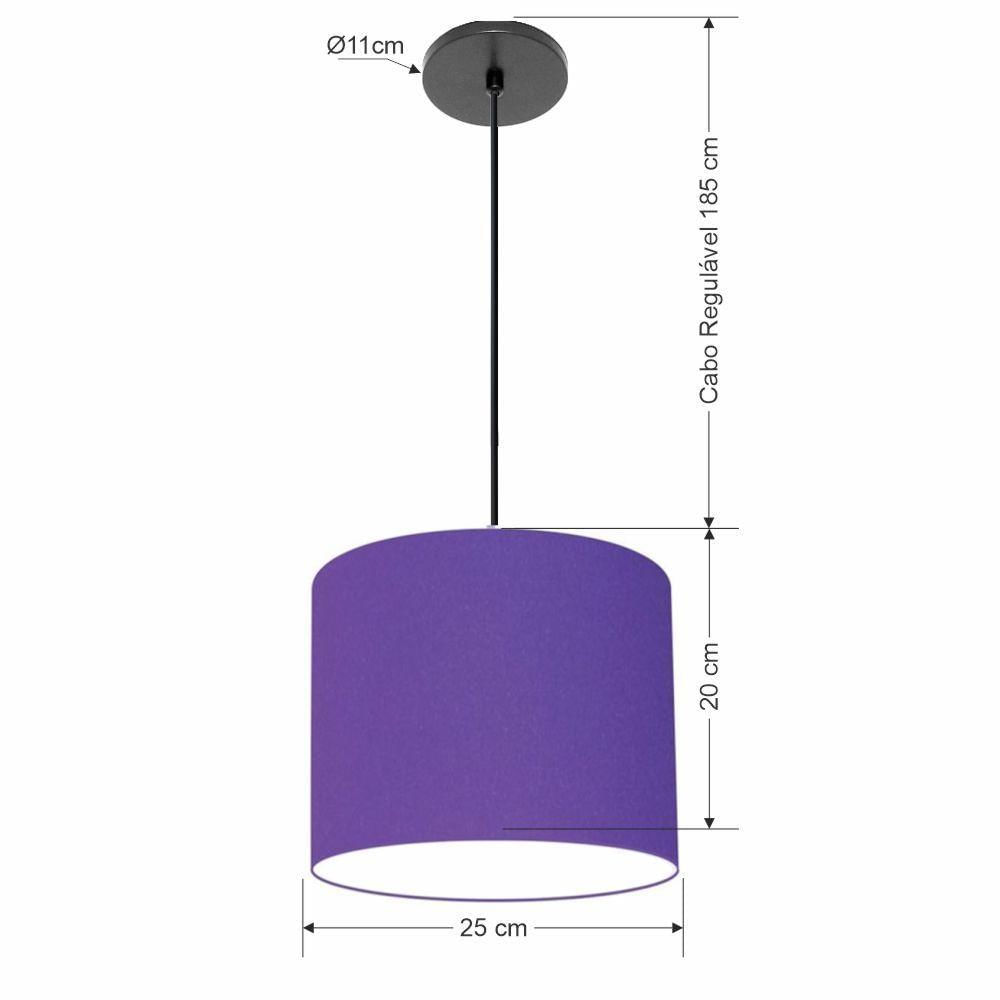 Luminária Pendente Vivare Free Lux Md-4107 Cúpula Em Tecido 25x20cm Roxo Da Canopla Canopla Preta E Fio Preto