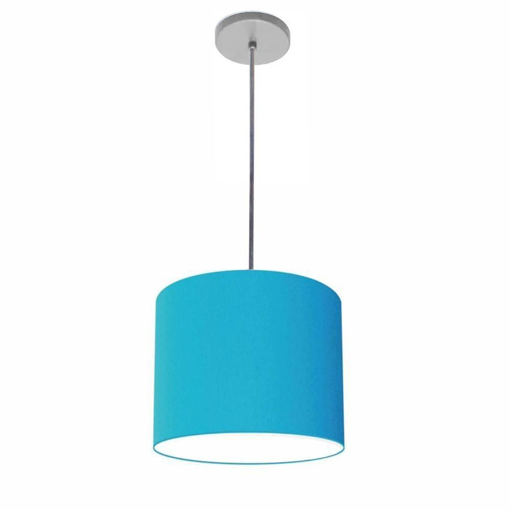 Luminária Pendente Vivare Free Lux Md-4106 Cúpula Em Tecido Azul-turquesa Da Canopla Canopla Cinza E Fio Cristal