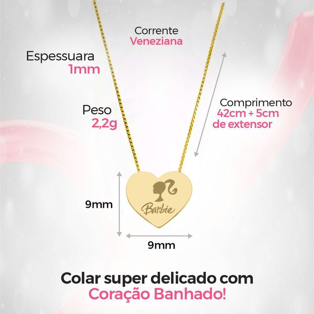 Colar Feminino Dourado Aço + Pingente Coração Barbie + Caixa Edição Limitada Qualidade Premium Moda