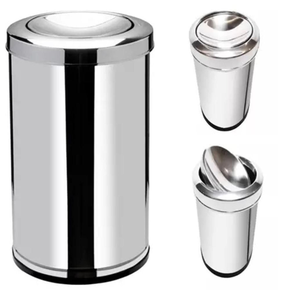 Lixeira Inox Basculante 20 Litros Grande Cesto Lixo Vai Vem Aço Prateada Escritorio Cozinha Banheiro