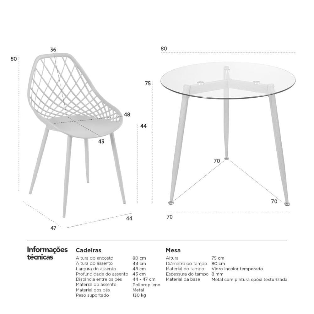 Mesa Redonda Tampo De Vidro 80 Cm + 3 Cadeiras Cinza