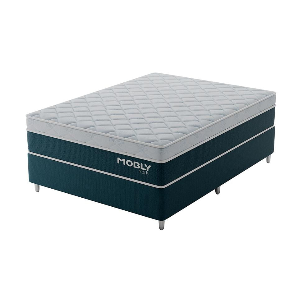 Cama Box Viúva York com Colchão Molas Ensacadas (61x128x188) Azul e Branca