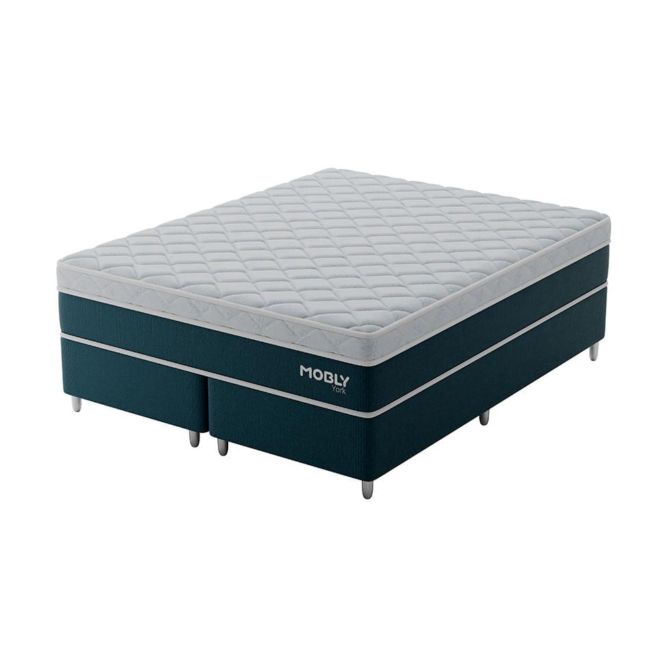 Cama Box Queen York com Colchão Molas Ensacadas (61x158x198) Azul e Branca