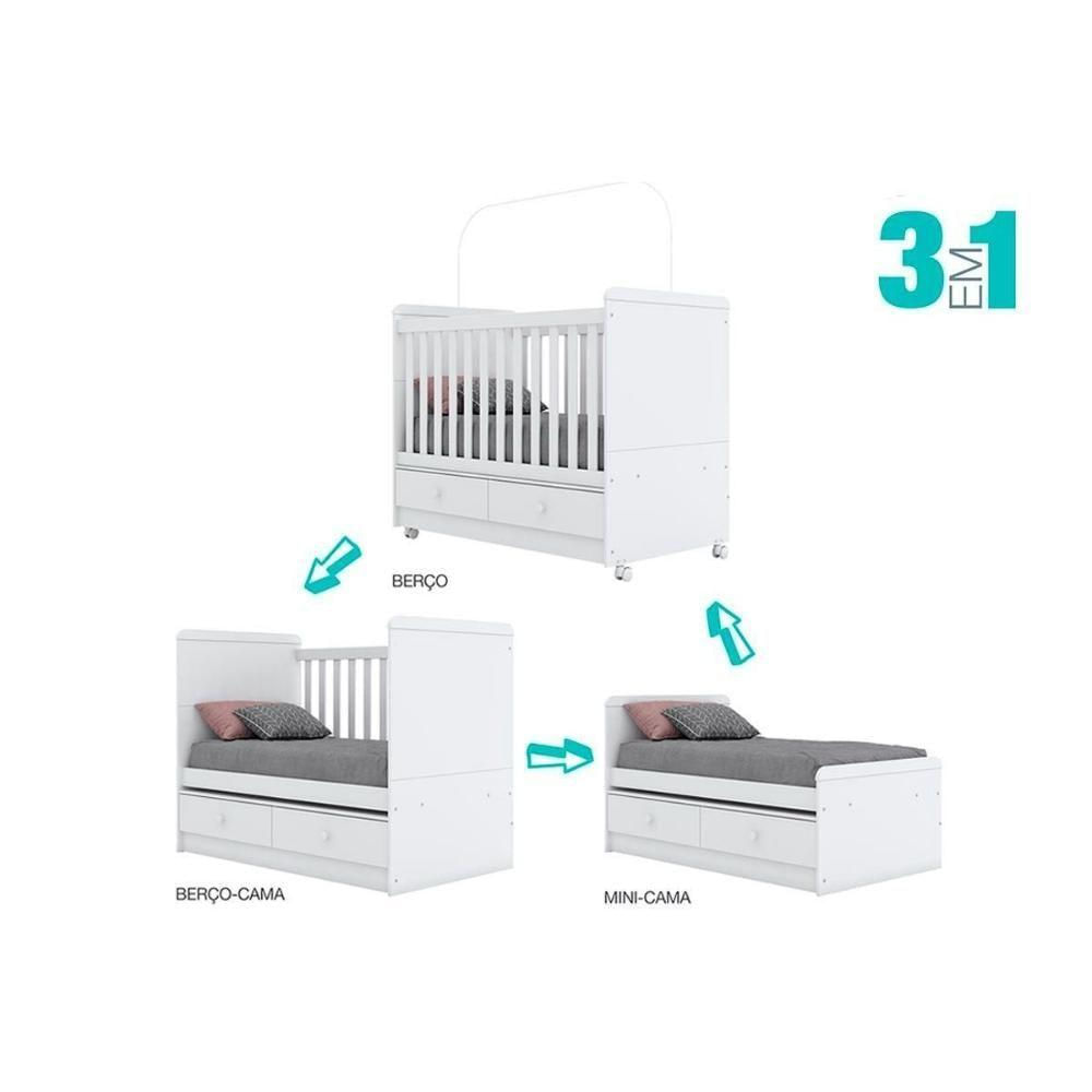 Quarto Infantil Completo Aquarela 4 Peças (1 Guarda Roupa + 1 Berço + 1 Cômoda + 1 Armário Organizador) Qi56 Branco