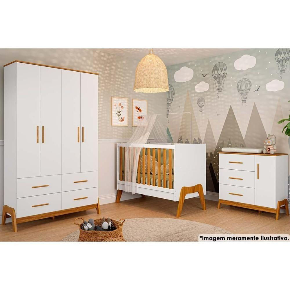 Quarto Infantil Completo Guti Peças (1 G Roupa + 1 Berço + 1 Cômoda) Branco-amendoa - Peroba