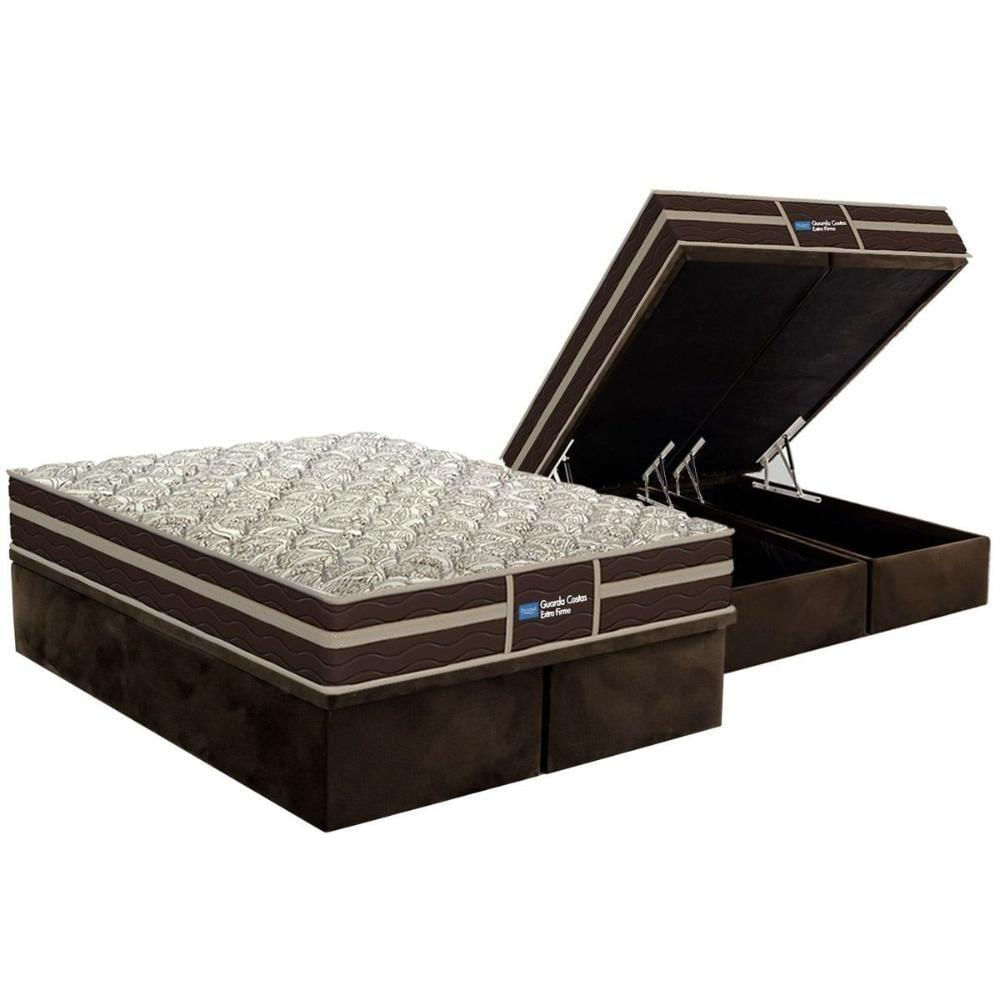 Cama Box Baú King Colchão Ortopédico Probel Wood Guarda Costa Extra Firme Brown + Base Crc Suede Brown(193x203)