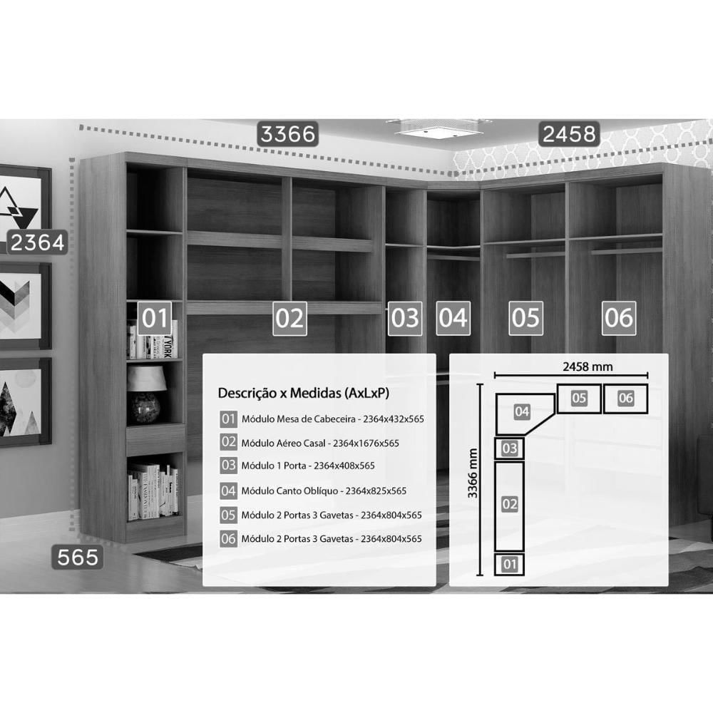 Quarto Casal Completo Rizon-linea 6 Peças (1 Armário Aéreo + 3 Guarda Roupas + 1 Closet Canto Obliquo + 1 Complemento) Qcm109 Branco