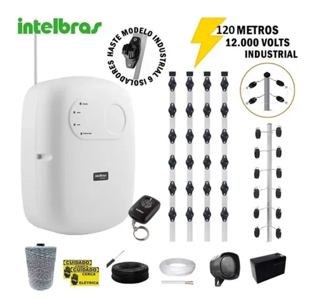 Kit Cerca Elétrica Industrial 120 metros Big 1 Metro c/ Central de Choque 12.000 volts completo