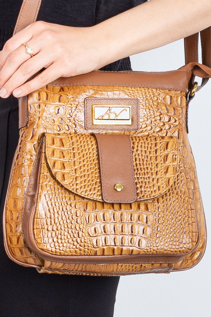 Bolsa tiracolo de couro croco Elis Caramelo