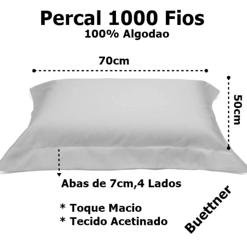 Fronha Buettner Percal 1000 Fios 4 Abas de 7cm Pespontada 50cmx70cm Prata