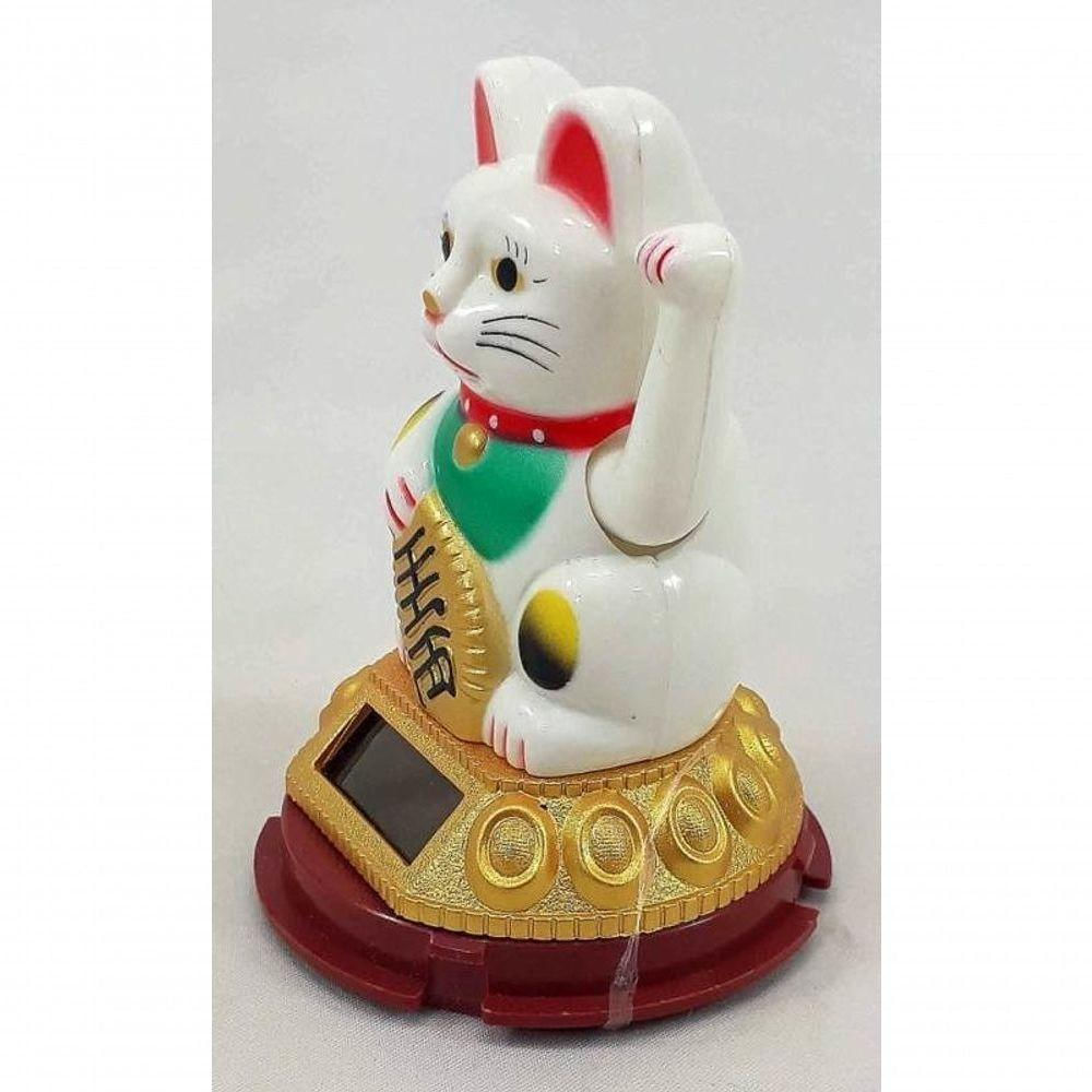 Maneki Neko Gato Sorte Branco Japonês Energia Solar 9 Cm