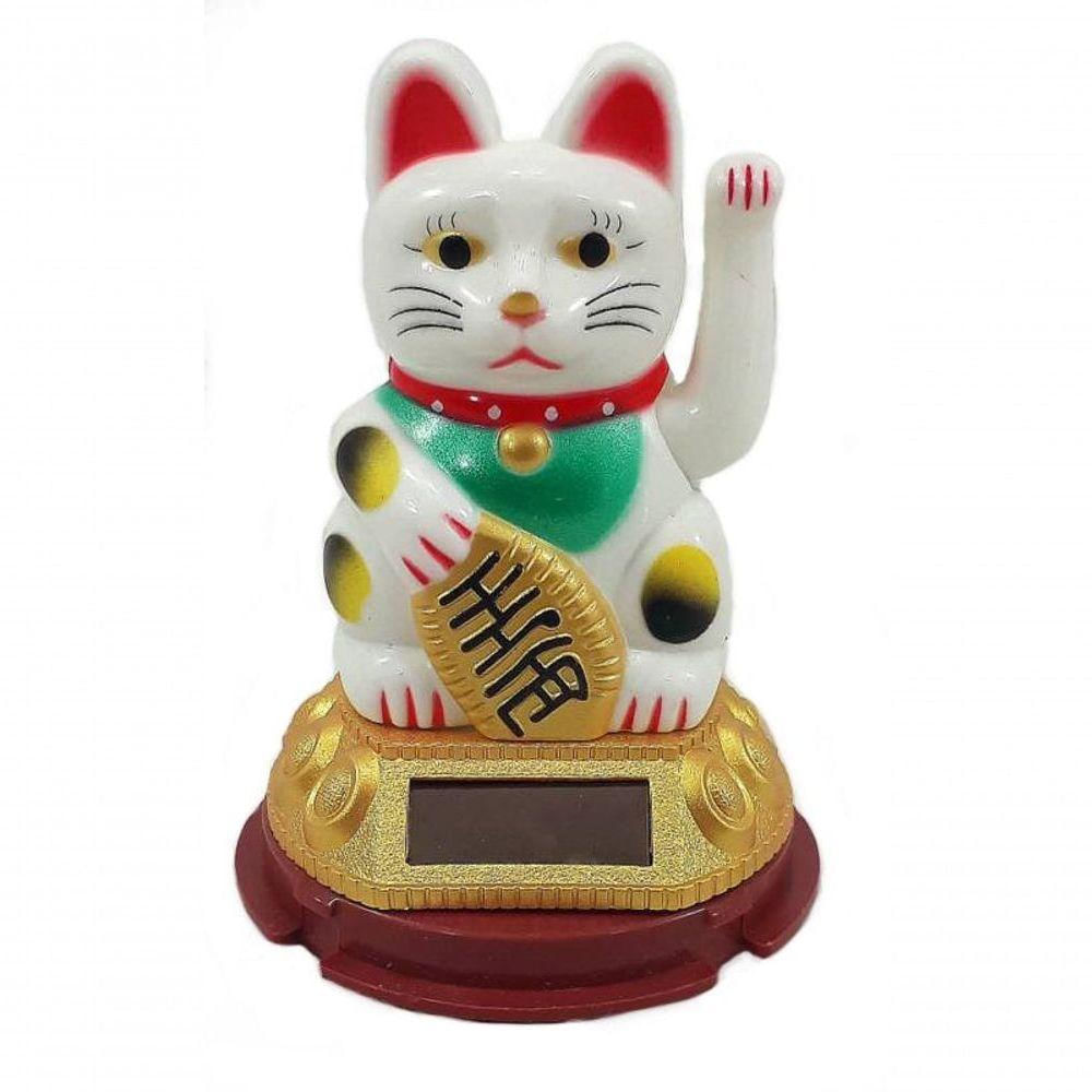 Maneki Neko Gato Sorte Branco Japonês Energia Solar 9 Cm