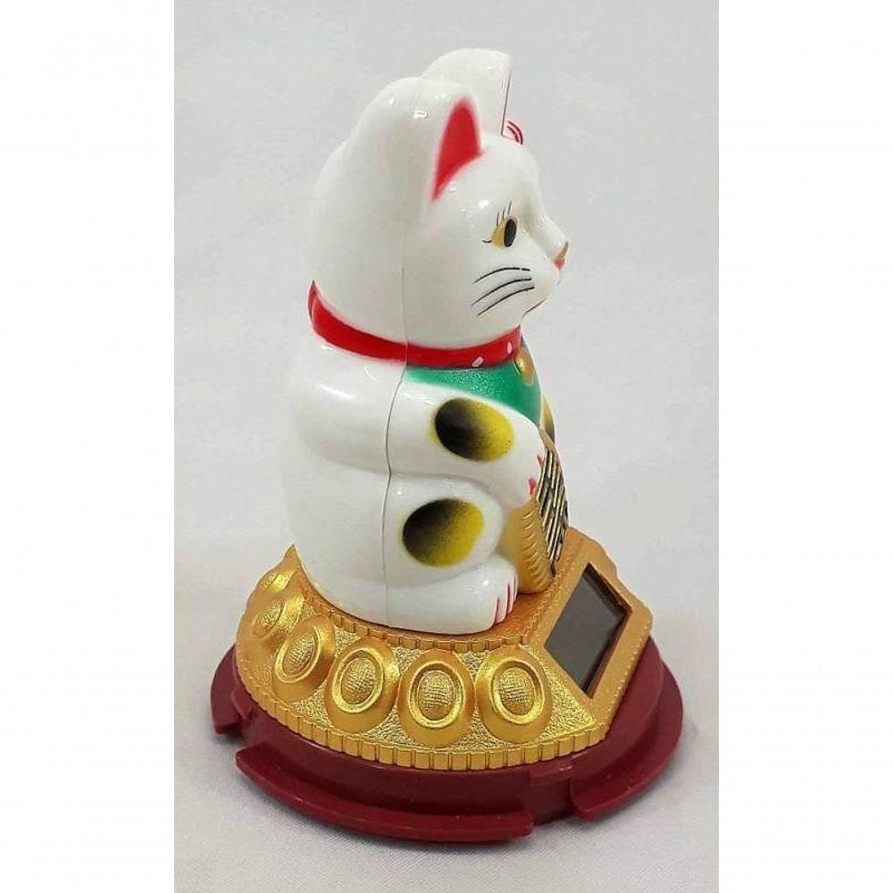 Maneki Neko Gato Sorte Branco Japonês Energia Solar 9 Cm