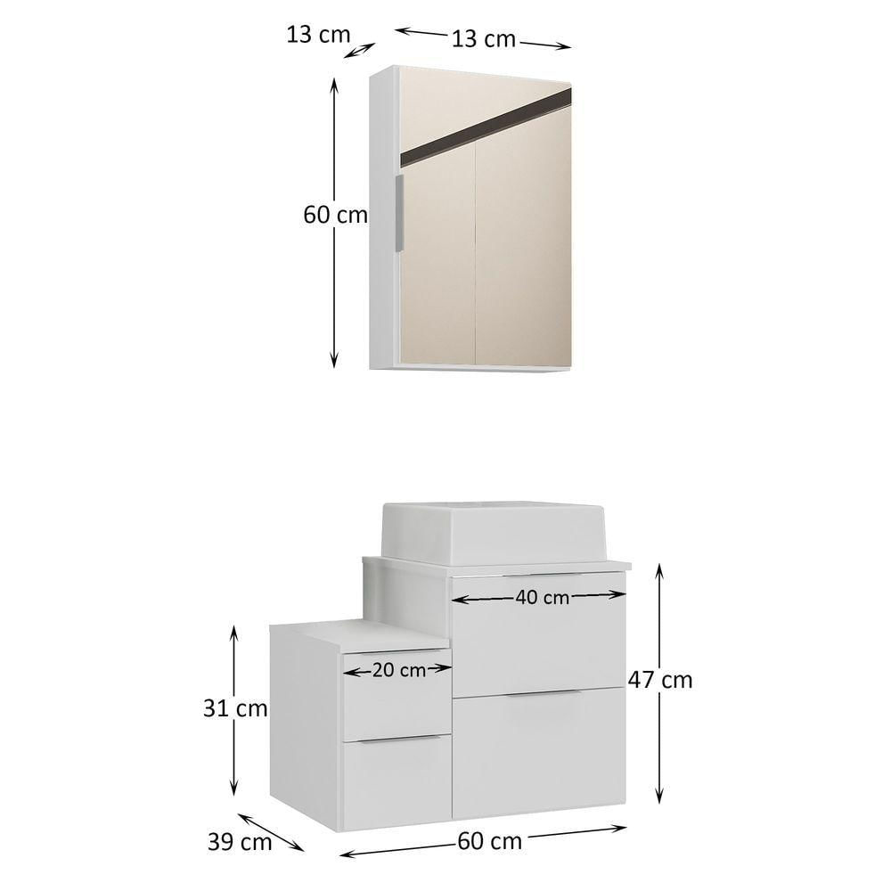 Conjunto Gabinete Banheiro Nivus 60 (gabinete+espelheira+cuba) Branco Inteiro