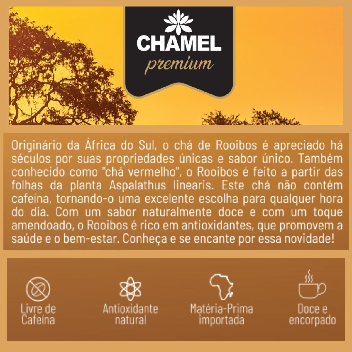 Chá de Rooibos (Aspalathus linearis) Encanto Sul-Africano 4 Pacotes c/ 30g  Chamel Premium