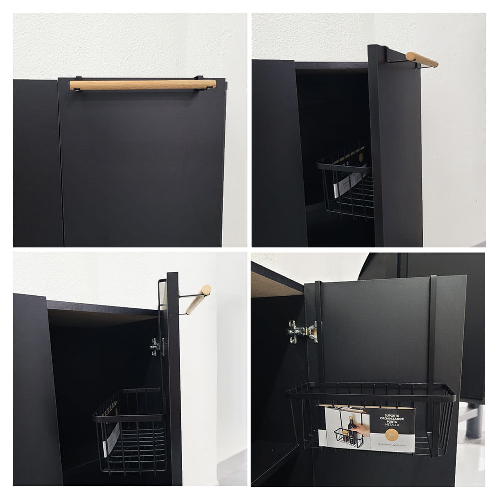 Suporte Porta Armario Organizador Cozinha Aço Preto Madeira