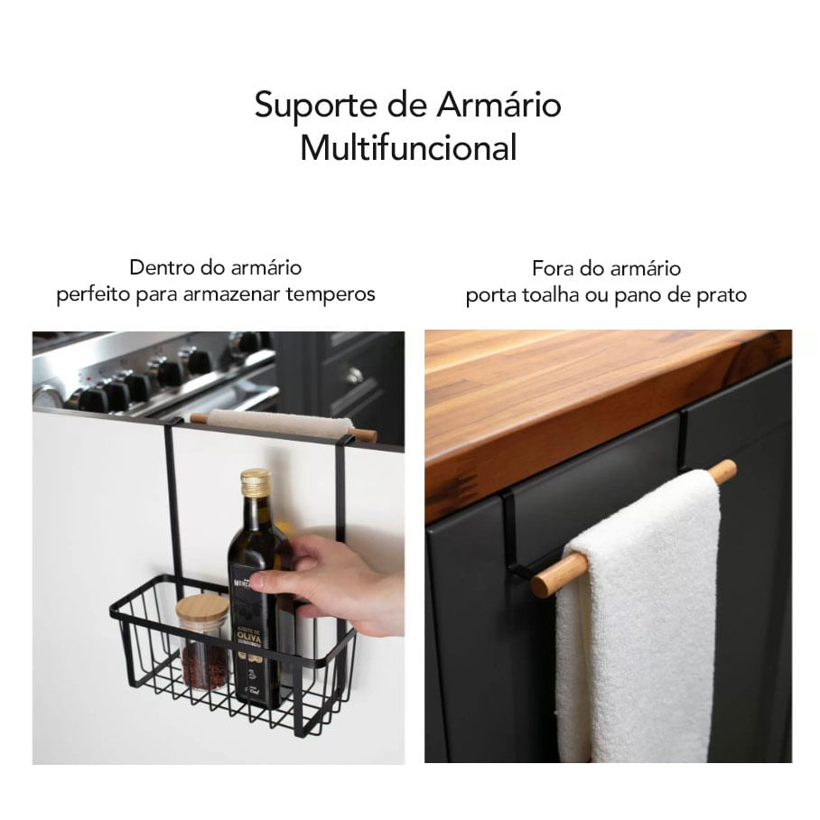 Suporte Porta Armario Organizador Cozinha Aço Preto Madeira