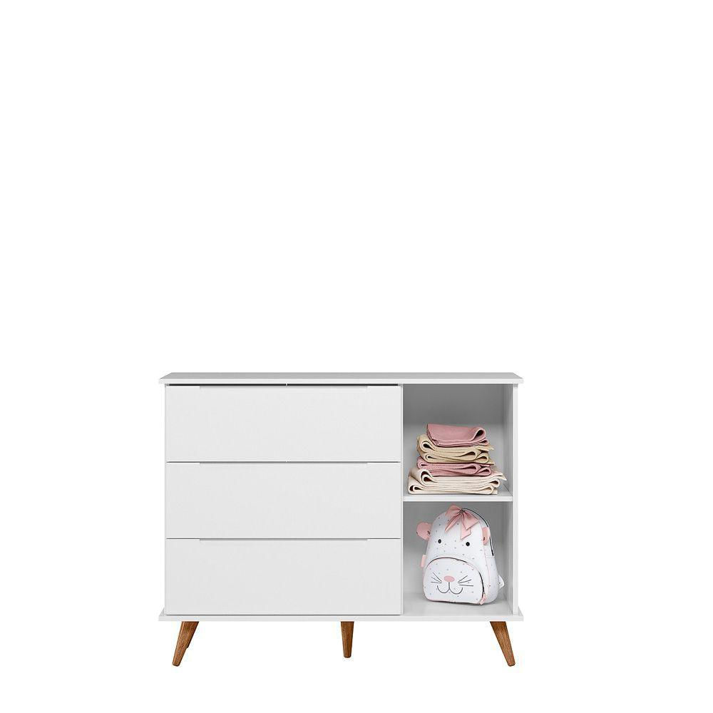 Quarto Bebe Retro Lunna 100% MDF Roupeiro Cômoda Com Porta Berço Mini Cama Peternella Branco