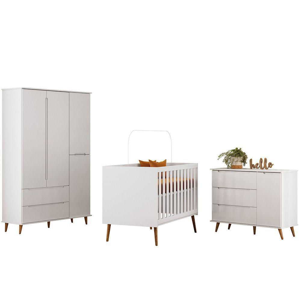 Quarto Bebe Retro Lunna 100% MDF Roupeiro Cômoda Com Porta Berço Mini Cama Peternella Branco