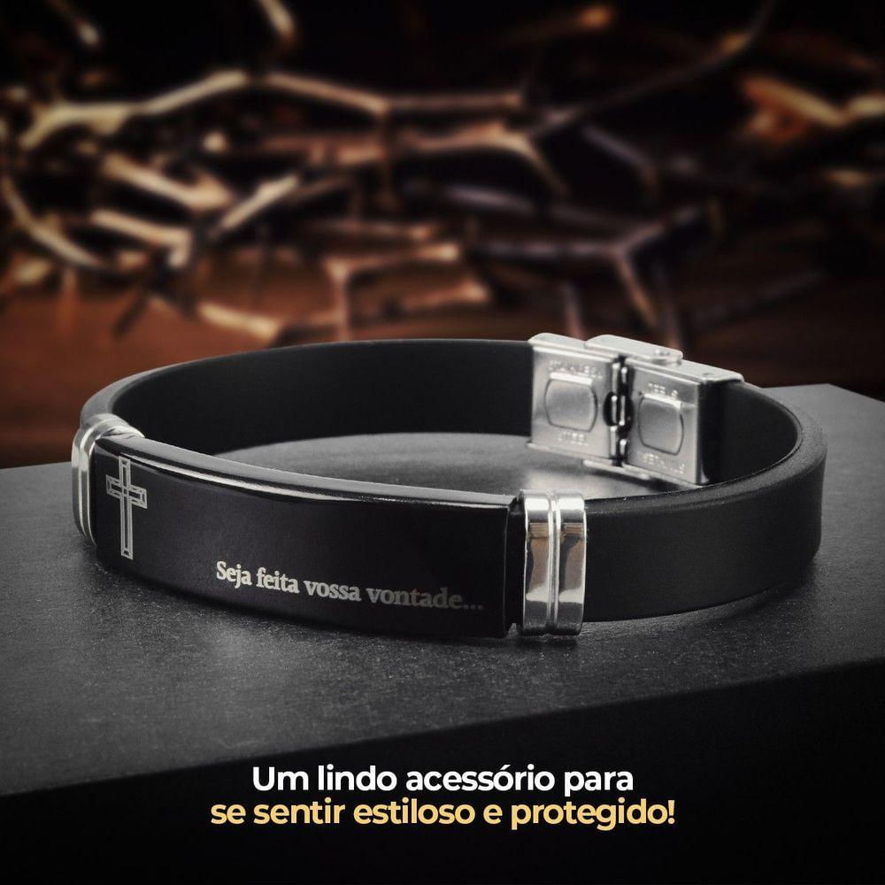 Pulseira Masculina Placa Aço Inox Nosso Pai Caixa Preto