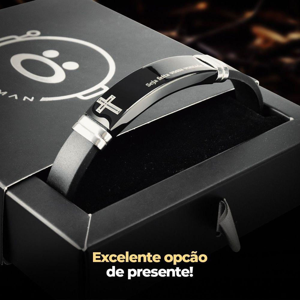 Pulseira Masculina Placa Aço Inox Nosso Pai Caixa Preto