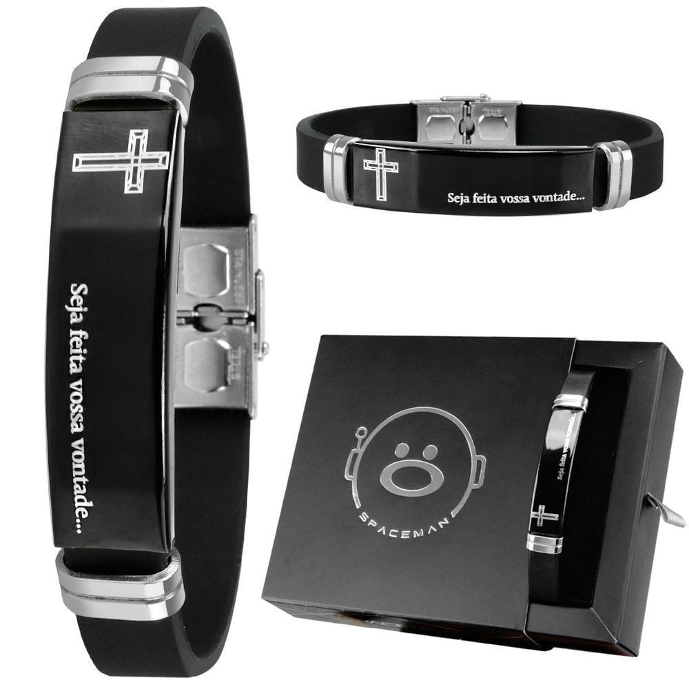 Pulseira Masculina Placa Aço Inox Nosso Pai Caixa Preto