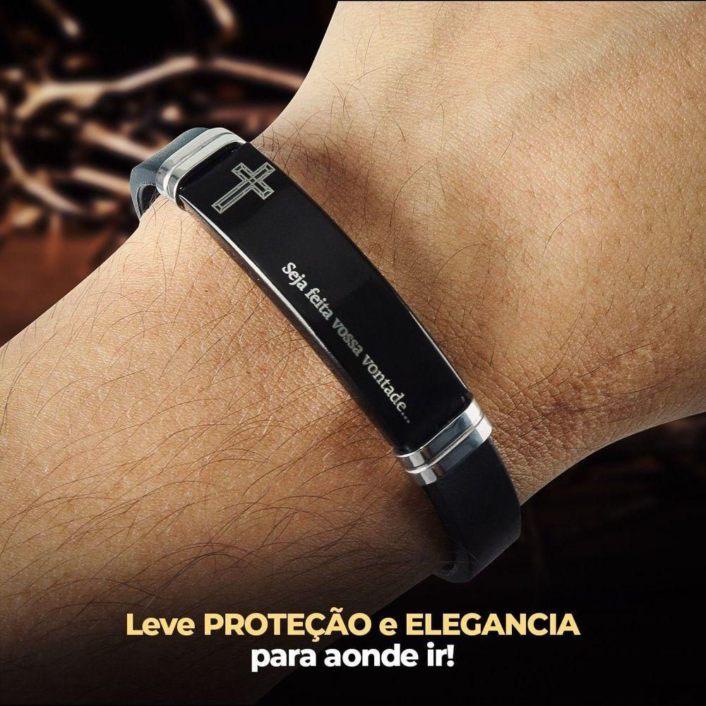 Pulseira Masculina Placa Aço Inox Nosso Pai Caixa Preto