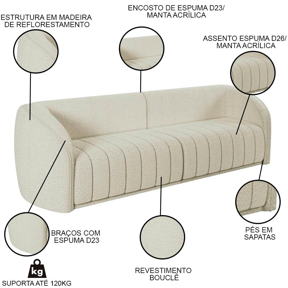 Sofá Decorativo 3 Lugares 292cm e Poltrona Meris M22 Bouclê Cru - Mpozenato