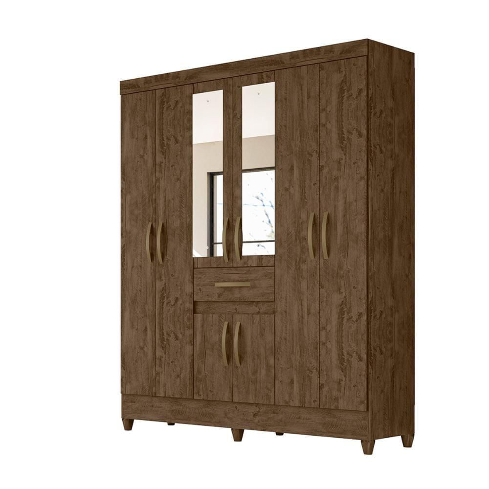 Guarda Roupa Casal 6 Portas Com Espelho 1 Gaveta Castanho Wood Portugal - Moval