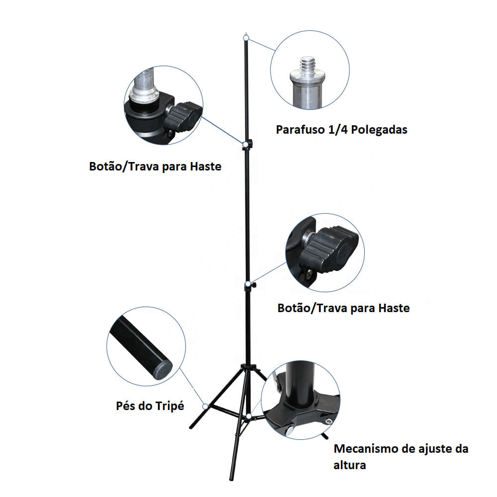 Tripé de Iluminação e Câmeras Encaixe 1/4 Polegadas - 2,10m