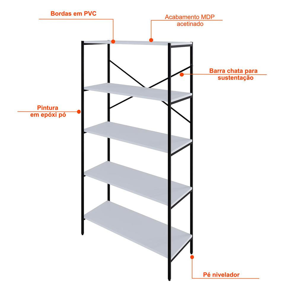 Estante com 5 Prateleiras Tub Branca e Preta 80 cm