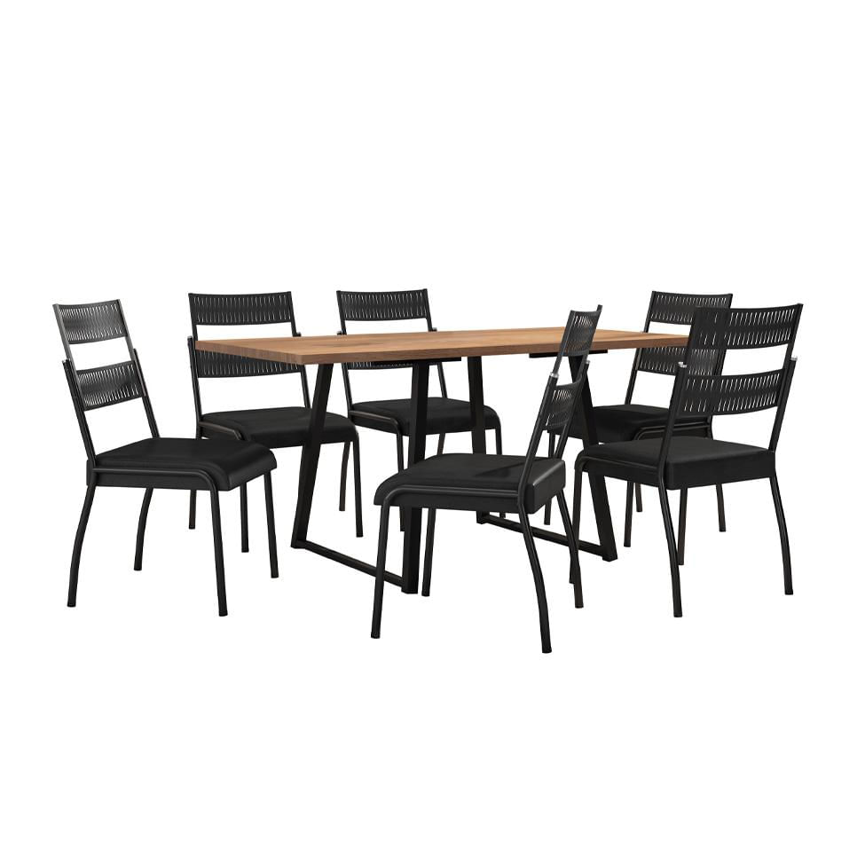 Conjunto de Mesa Retangular com Tampo de MDP Marrom Claro Atlanta e 6 Cadeiras Atenas Revestimento Sintético Preto