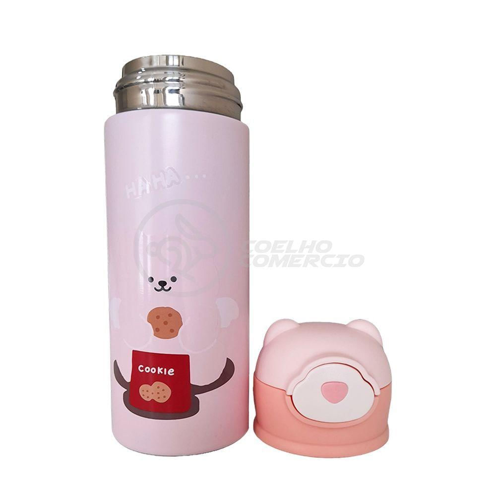 Garrafa Infantil Térmica 420ml De Ursinho Rosa Ideal Para Bebidas Quentes E Frias Até 12h