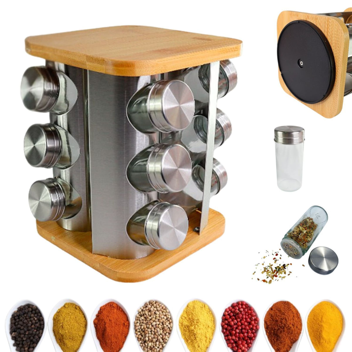 Porta Condimentos Giratório Inox Base de Bambu 12 Potes 90ml