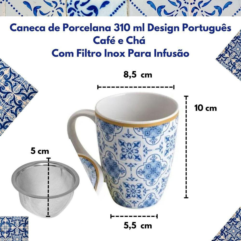 Caneca De Porcelana Decorada 310ml Lisboa Tampa Filtro Inox