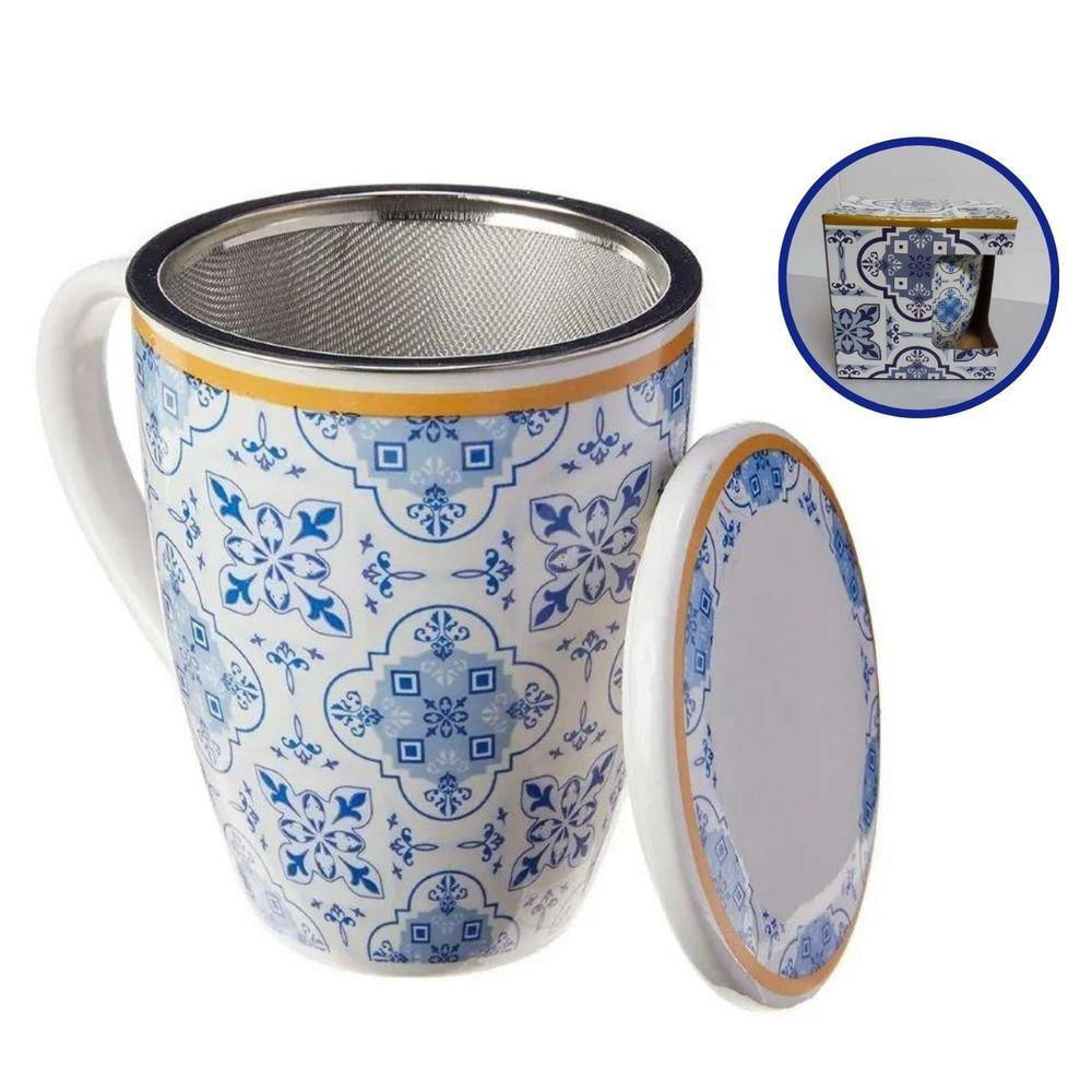 Caneca De Porcelana Decorada 310ml Lisboa Tampa Filtro Inox